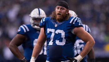 Colts offensive lineman Joe Haeg looks on during a 2019 play.