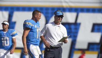 Colts head coach Frank Reich talks with Philip Rivers during their time with the Chargers.