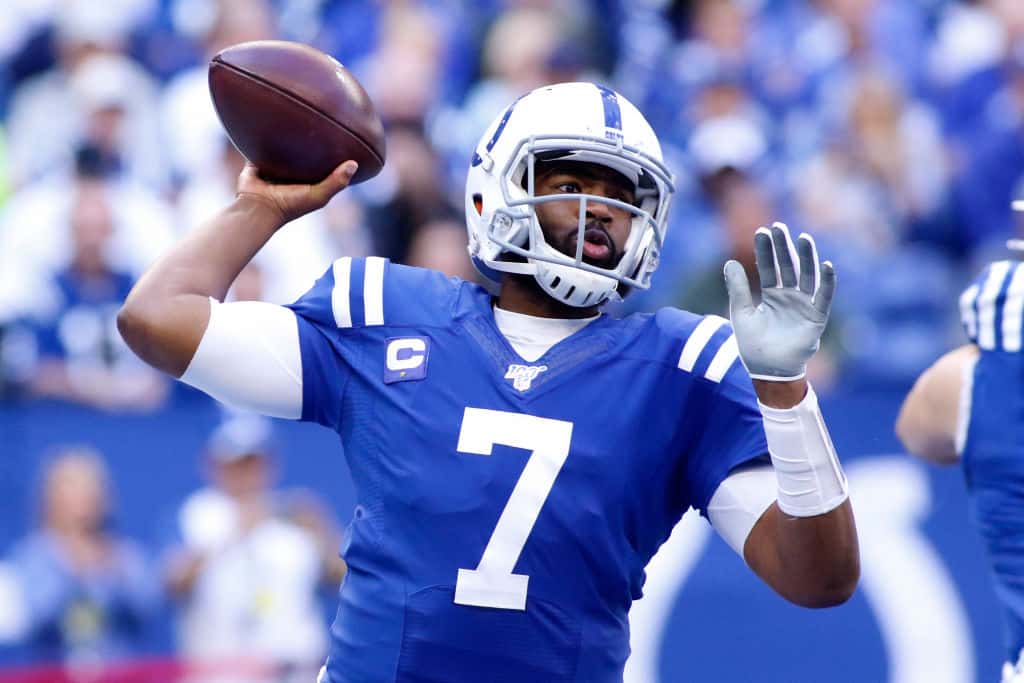 Colts quarterback Jacoby Brissett gets ready to throw.