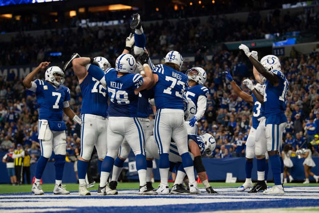 Colts celebrate a touchdown at Lucas Oil Stadium