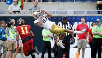 Notre Dame wideout Chase Claypool comes down with the grab in a bowl game.