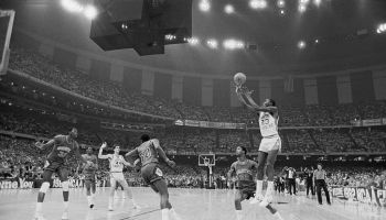 Michael Jordan shoots the winning basket in the 1982 NCAA Finals against Georgetown University.