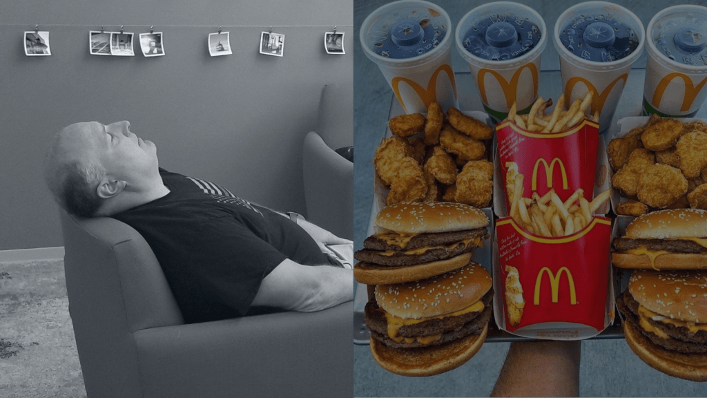 Big Joe reclining in chair, McDonald's food