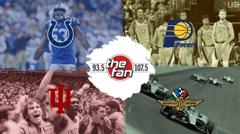 93.5 & 107.5 The Fan, with pictures of Peyton Manning, the Indiana Pacers, the IU Hoosiers basketball team, and the Indianapolis 500