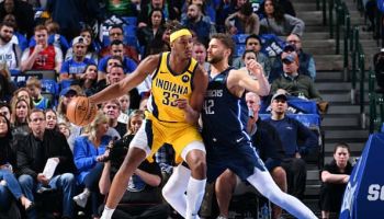 Pacers center Myles Turner dribbles in the post against Dallas.