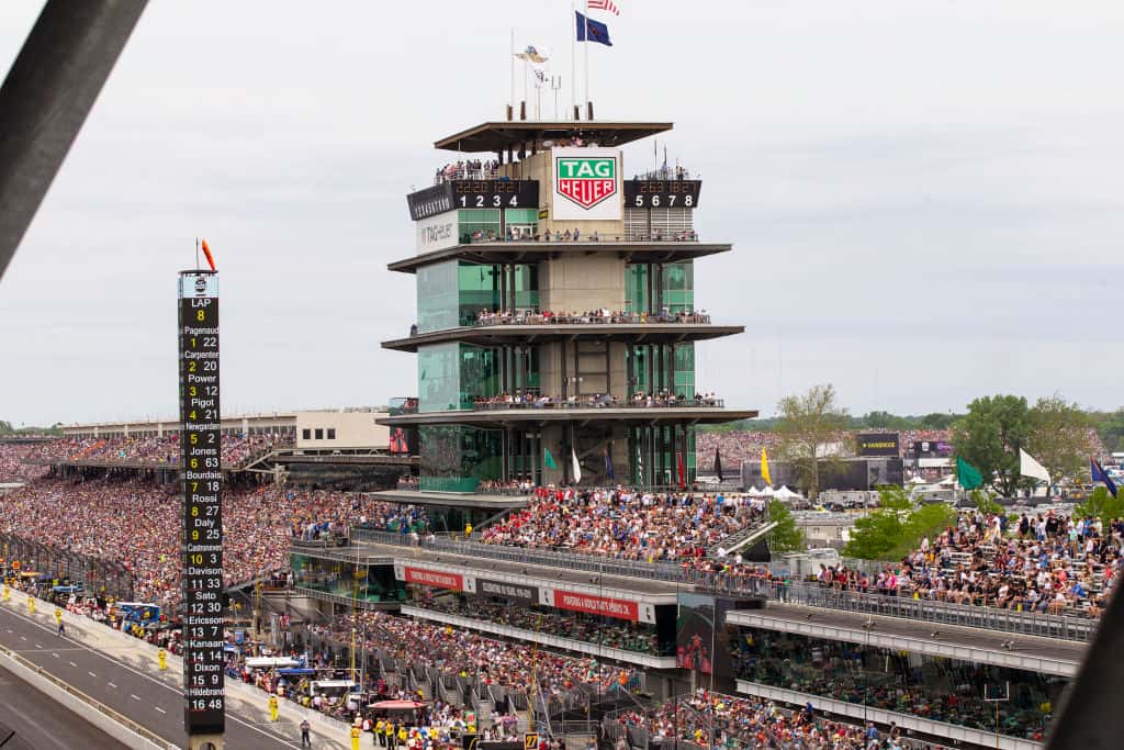 A general view of the pagoda and front stretch of the Indianapolis Motor Speedway