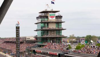 A general view of the pagoda and front stretch of the Indianapolis Motor Speedway