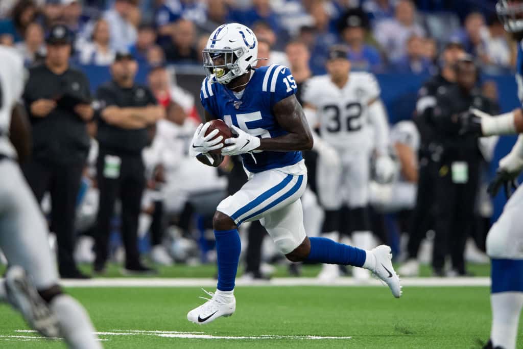 Colts wideout Parris Campbell turns up field in a 2019 game.