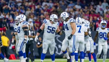 Colts offensive line gets ready for a 2019 snap.