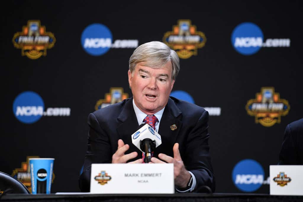 NCAA President Mark Emmert answers a question at a press conference