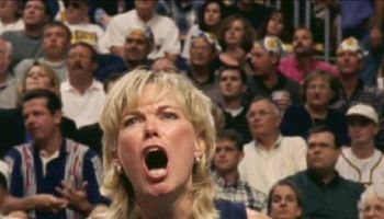 Kathy Martin Harrison yelling at a Pacers game