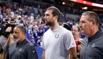 Andrew Luck #12 of the Indianapolis Colts walks off the field after a report of his retirement after the Indianapolis Colts preseason game against the Chicago Bears at Lucas Oil Stadium on August 24, 2019 in Indianapolis, Indiana