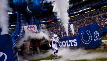 Colts tight end Jack Doyle runs out of the tunnel.