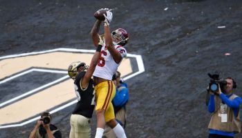 USC wideout Michael Pittman brings down the football in a game against Colorado.