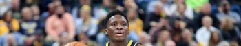 Pacers guard Victor Oladipo brings up the ball in a 2019-20 game.