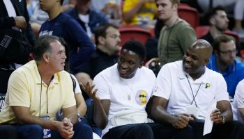 General manager Kevin Pritchard, Victor Oladipo #4 and head coach Nate McMillan of the Indiana Pacers look on during the game between the Atlanta Hawks and the Indiana Pacers