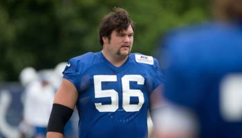 Colts offensive guard Quenton Nelson gets ready for a camp practice.