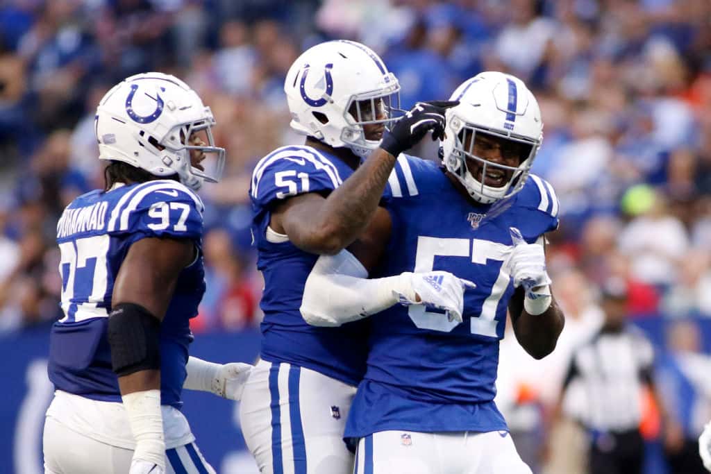 Kemoko Turay #57 of the Indianapolis Colts celebrates a tackle during the first half of the preseason game against the Chicago Bears at Lucas Oil Stadium