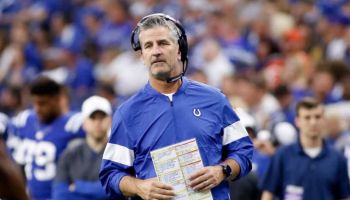 Colts head coach Frank Reich looks on from the sideline.