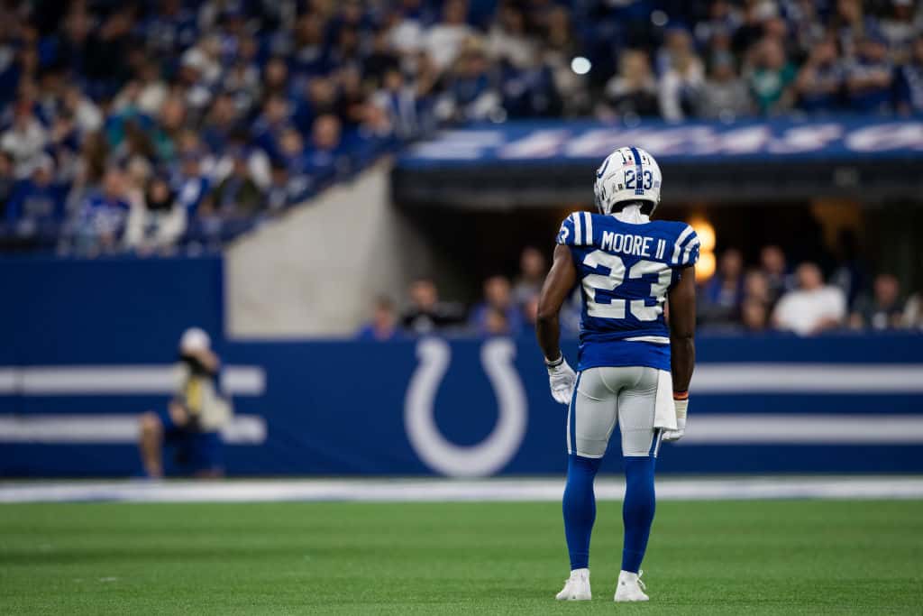 Colts cornerback Kenny Moore lines up before a snap.