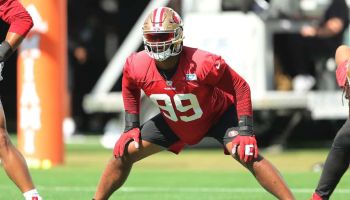 DeForest Buckner #99 of the San Francisco 49ers stretches during practice for Super Bowl LIV at the Greentree Practice Fields on the campus of the University of Miami on January 30, 2020 in Coral Gables, Florida