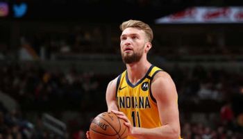 Pacers forward Domantas Sabonis gets ready to shoot a free throw in a 2019 game.