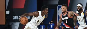 Pacers guard Victor Oladipo drives in an NBA scrimmage.