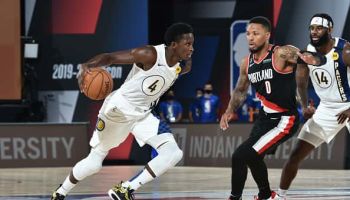 Pacers guard Victor Oladipo drives in an NBA scrimmage.