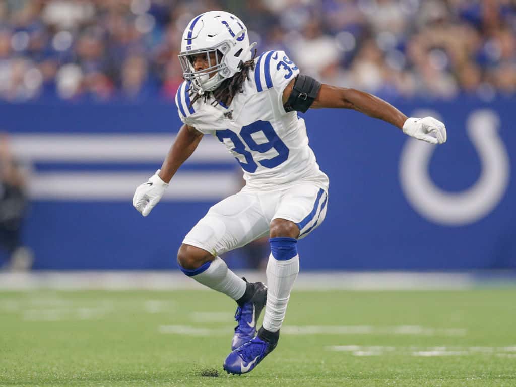 Cornerback Marvell Tell #39 of the Indianapolis Colts drops back in coverage during the preseason game against the Cleveland Browns at Lucas Oil Stadium on August 17, 2019 in Indianapolis, Indiana