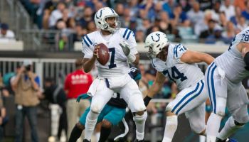 Colts quarterback Jacoby Brissett drops back to throw against the Jaguars.