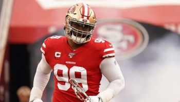Former 49ers defensive tackle DeForest Buckner runs out of the tunnel in 2019.