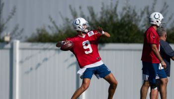 Colts quarterback Jacob Eason throws during practice.