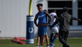 Colts safety Julian Blackmon looks on at practice.