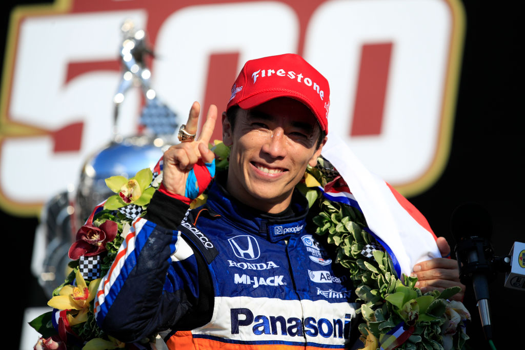 Takuma Sato, driver of the #30 Panasonic / PeopleReady Rahal Letterman Lanigan Racing Honda, celebrates in Victory Lane after winning the 104th running of the Indianapolis 500 at Indianapolis Motor Speedway on August 23, 2020 in Indianapolis, Indiana