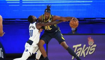 Pacers center Myles Turner backs down the Mavericks in the bubble.
