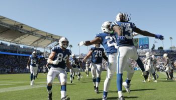 Colts players celebrate after a Week 1 touchdown in Los Angeles.