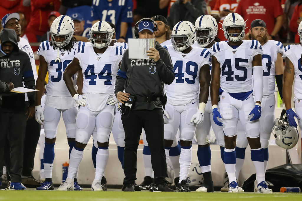 Colts defensive coordinator Matt Eberflus calls the plays from the sideline.