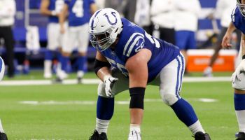 Colts offensive guard Quenton Nelson lines up for a 2019 snap.