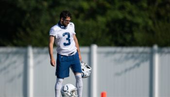 Colts kicker Rodrigo Blankenship gets ready to kick before practice.