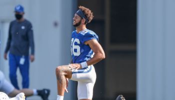 Colts rookie wideout Michael Pittman looks on during a 2020 practice.