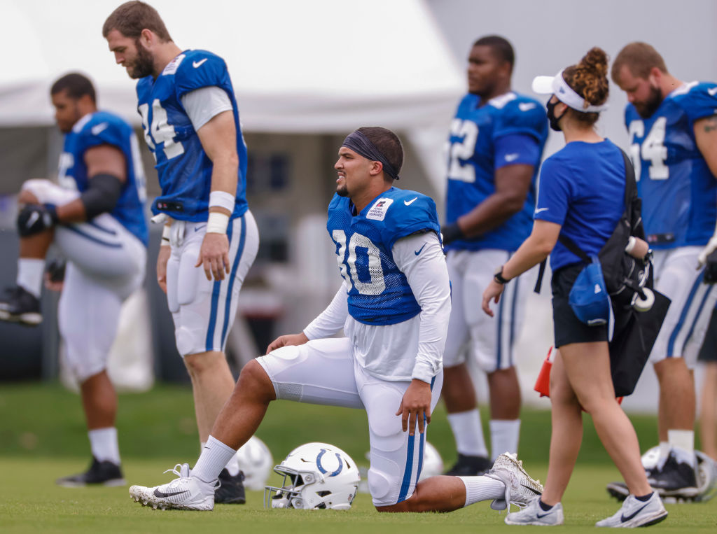 Colts tight end Trey Burton looks on at practice.
