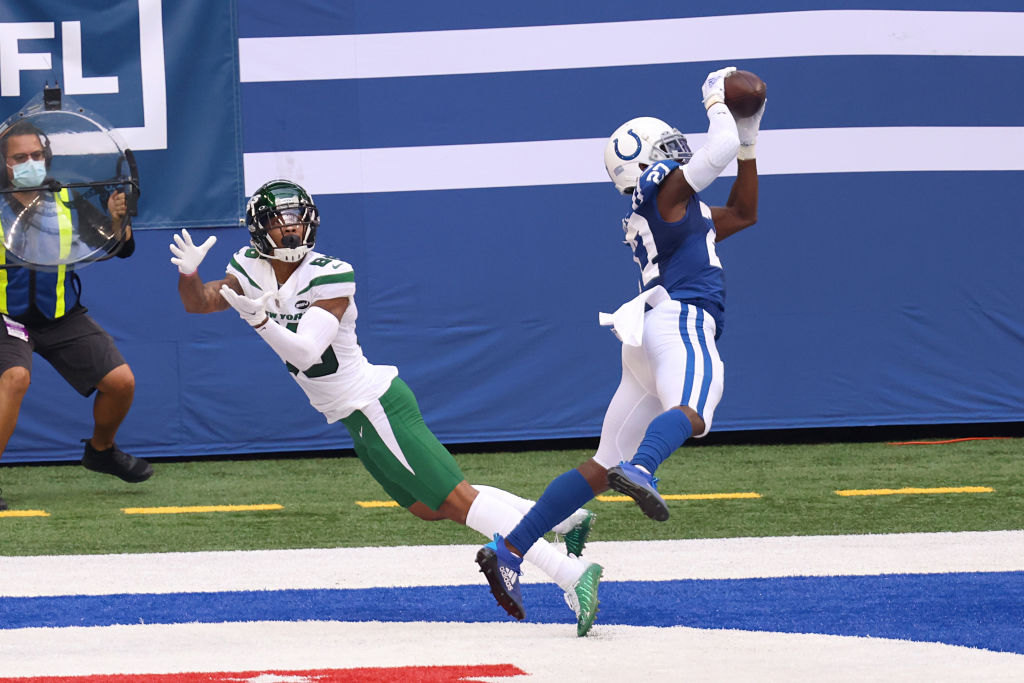 Colts cornerback Xavier Rhodes picks off a ball in the end zone.