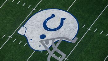 The Colts logo on the field.