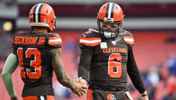 Browns QB-Baker Mayfield and WR-Odell Beckham Jr. shake hands before a game.