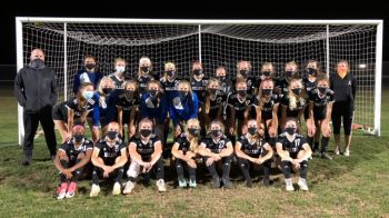 The Noblesville Girls Soccer team takes a photo along with their staff with masks on in front of a soccer goal