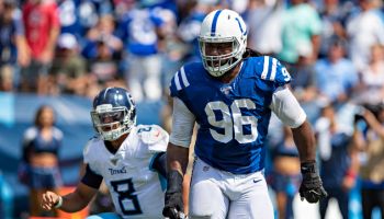 Colts DL-Denico Autry reacts after a sack.