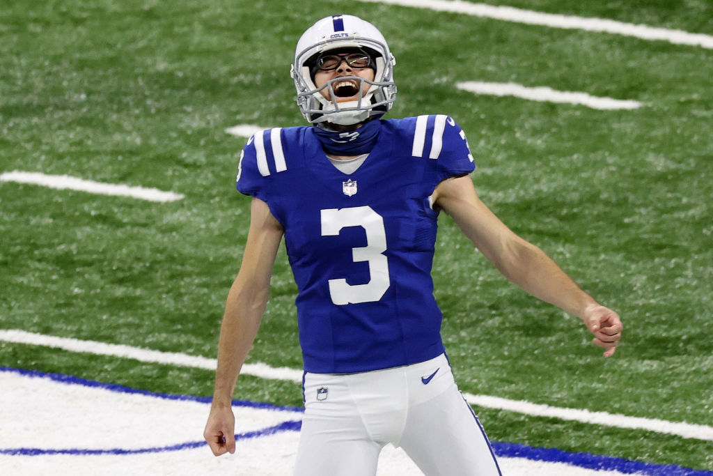 Colts kicker Rodrigo Blankenship reacts after his game-winning FG.