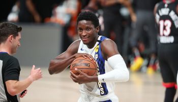 Pacers guard Victor Oladipo holds the ball in the bubble.