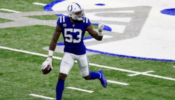 Colts LB-Darius Leonard reacts after creating a turnover.