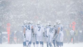 The Colts huddle together in the middle of a blizzard in their 2017 matchup against the Buffalo Bills